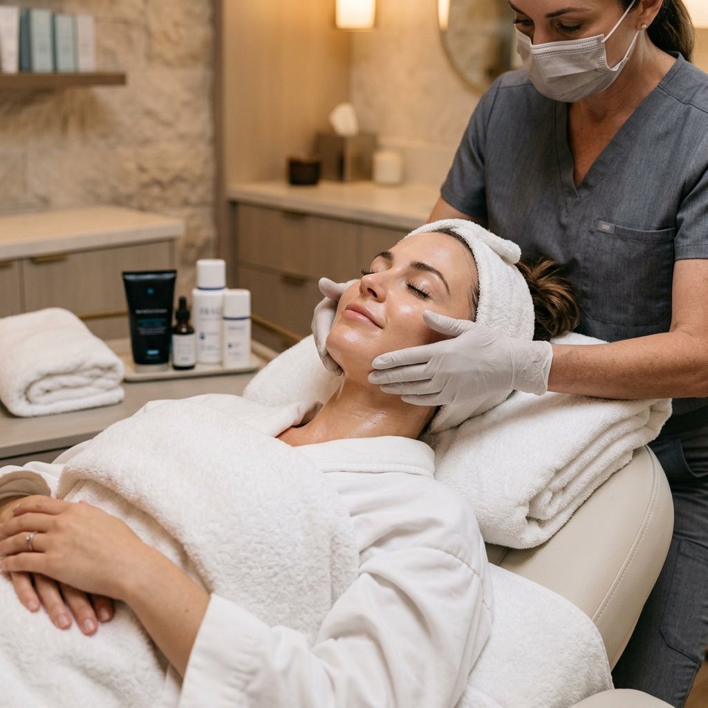Serene patient receiving skincare facial massage