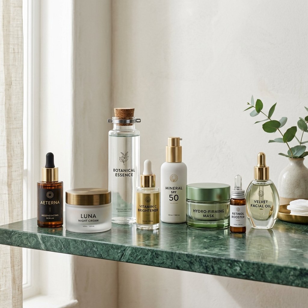 Clinical skincare serums and products arranged on a minimalist shelf