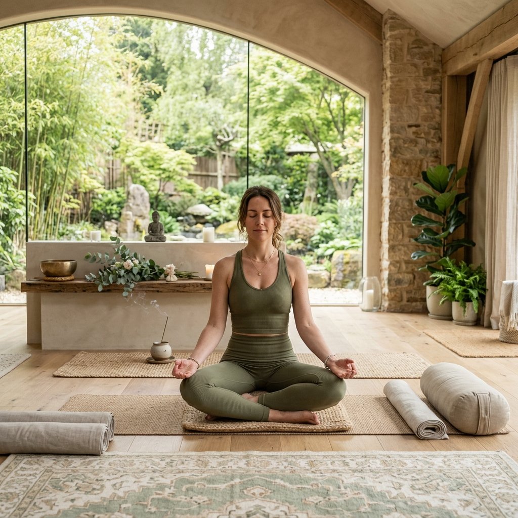 A person meditating peacefully in a luxury natural light wellness studio