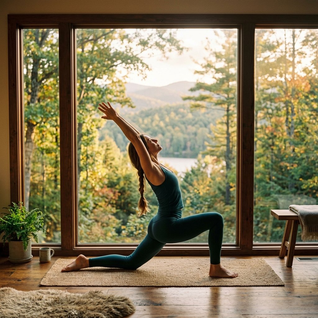 Woman performing yoga pose in front of window